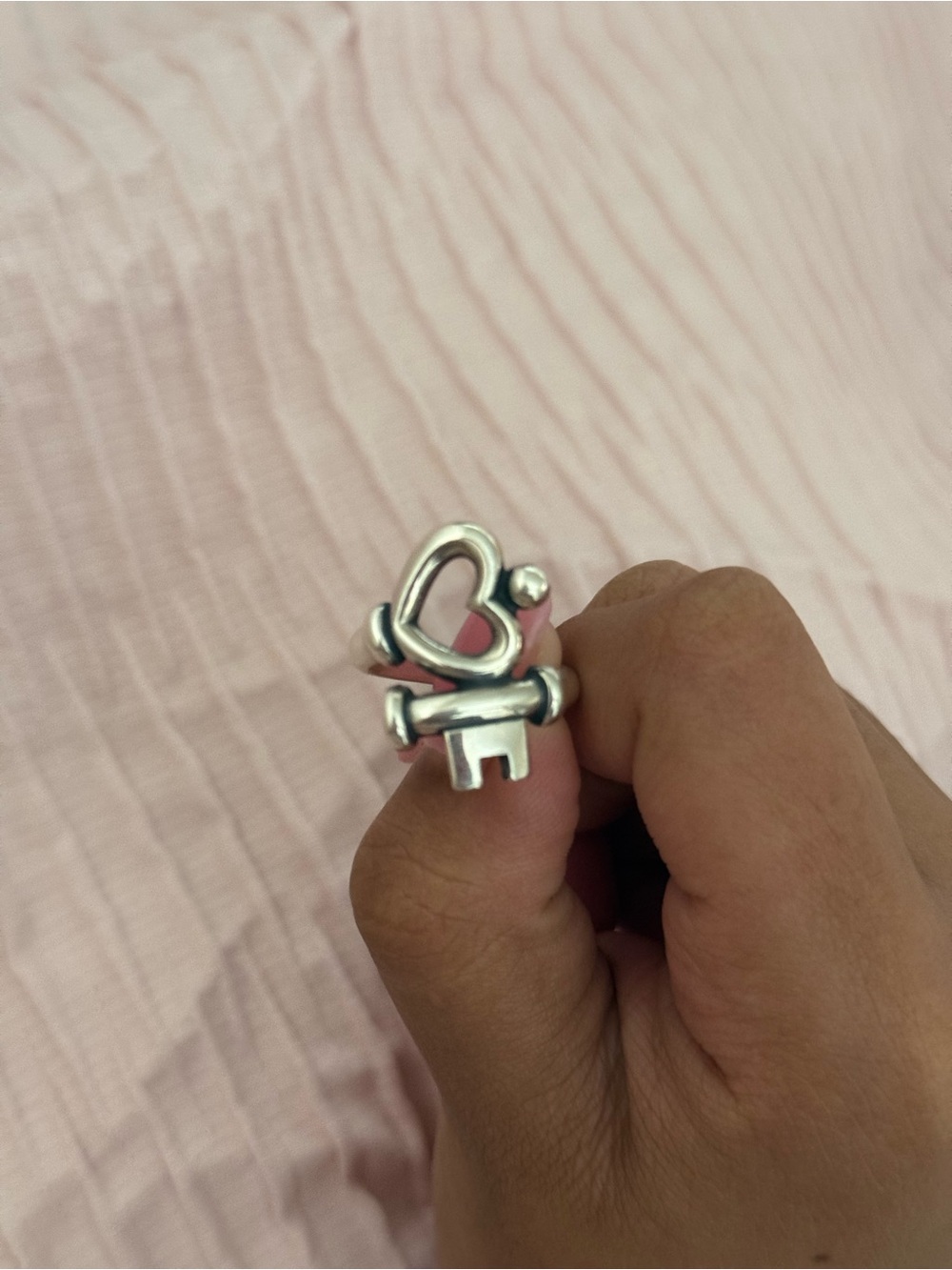 James Avery Silver Heart & Key Ring on Pink